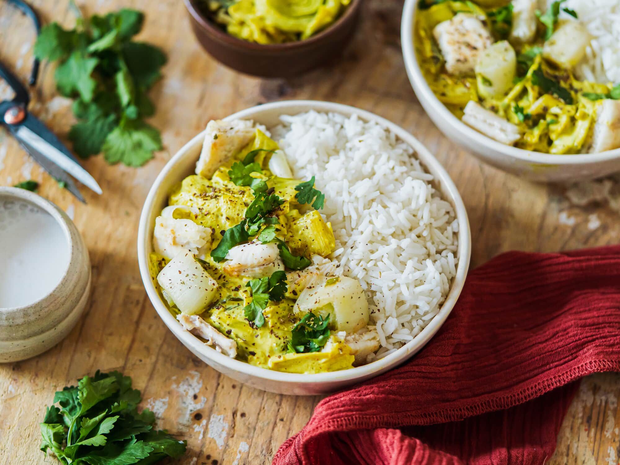 Curry de poisson au lait de coco et poireaux